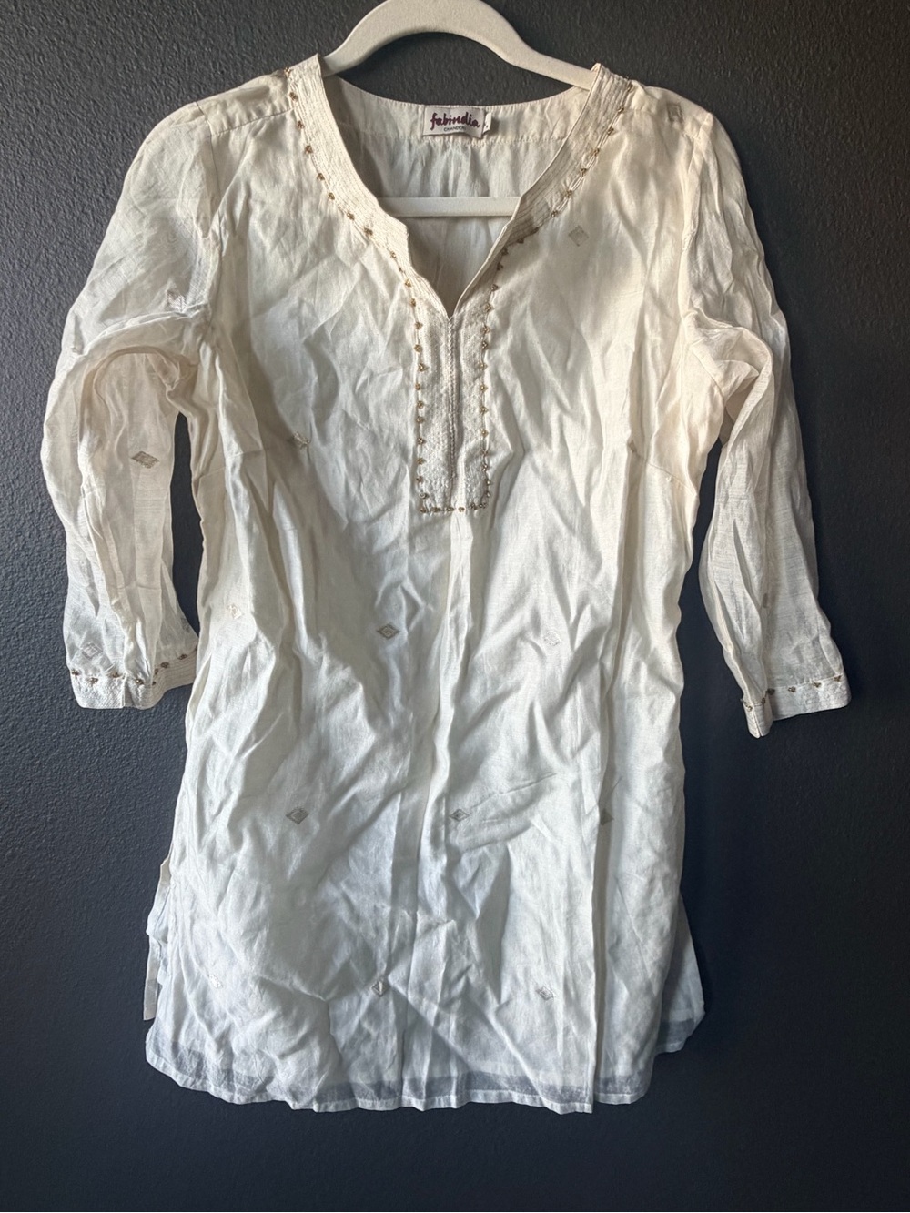 fabindia Cream Embroidered Chanderi Silk Tunic Top Boho Kurtis Size Small